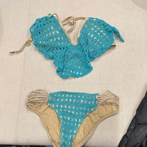 Luli Fama Turquoise and Beige Crochet Bikini